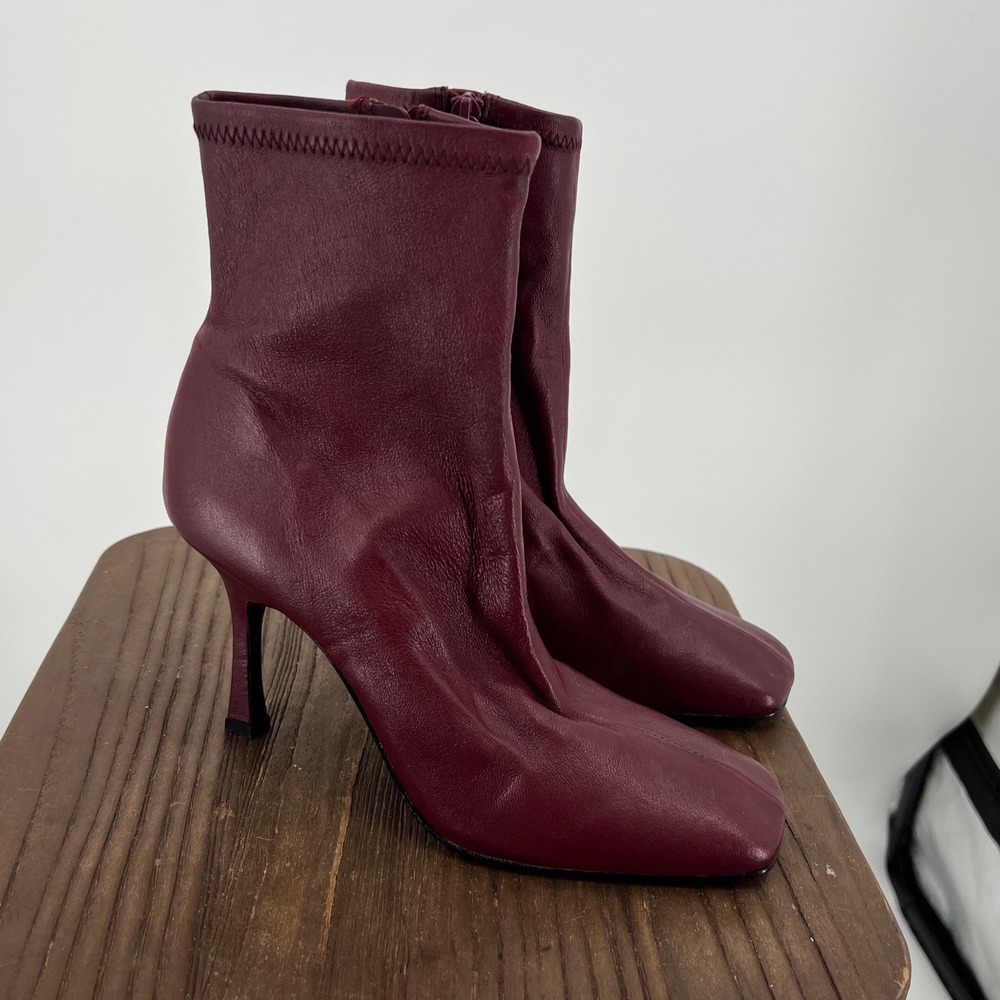Reformation Burgundy Leather Square Toe Sock Ankle Boots Stiletto 7.5 FLAWED